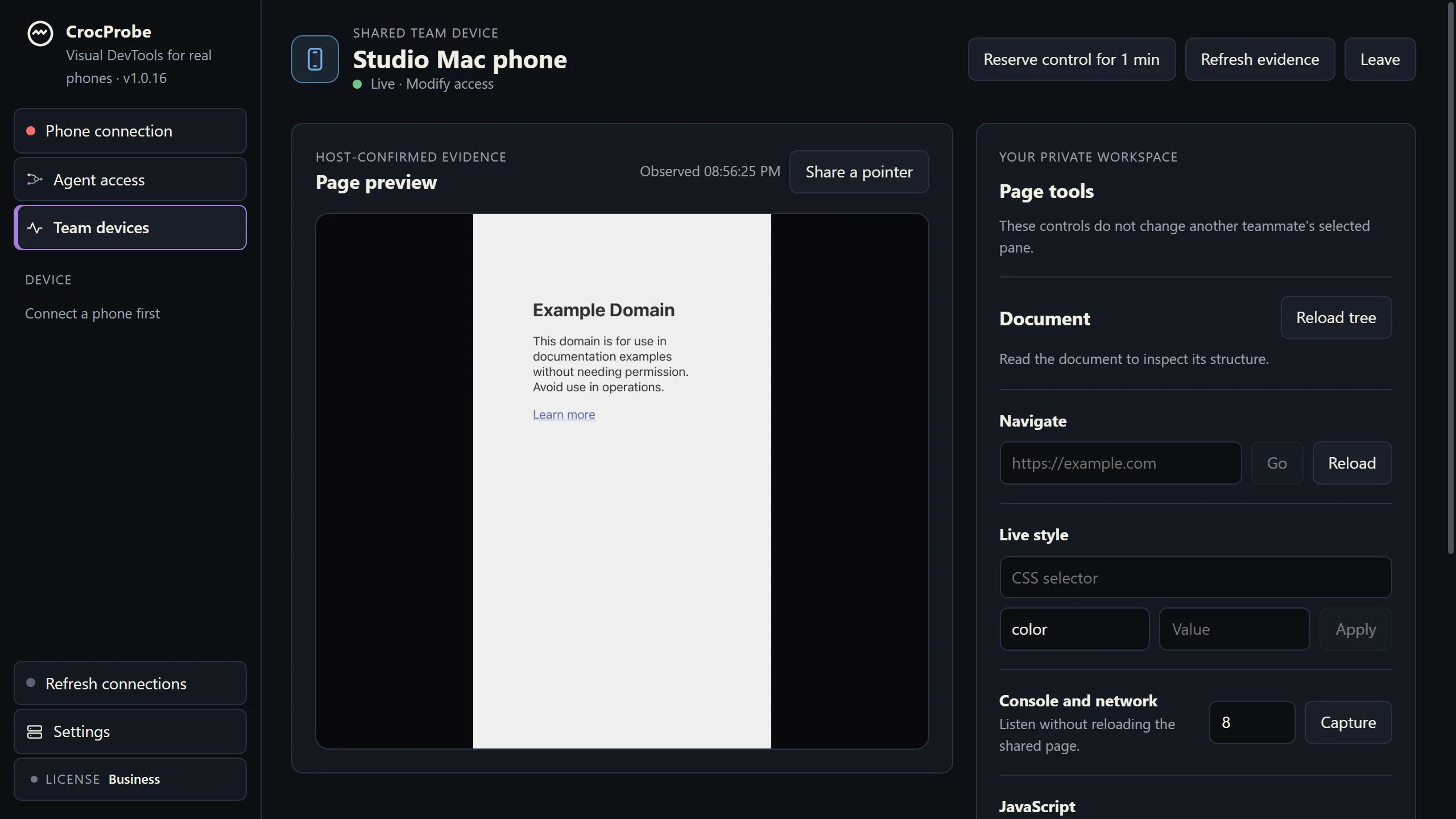 A teammate's CrocProbe showing the shared iPhone page, live preview, page tools, and Modify access.
