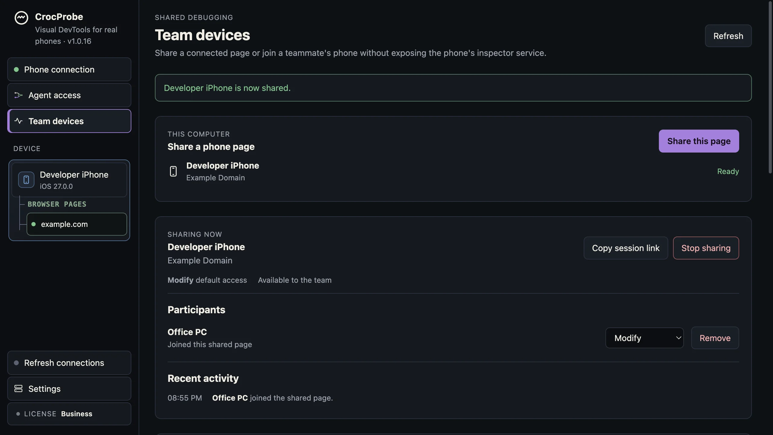 The sharer's Team devices screen: an iPhone page being shared at Modify, one participant listed, and the recent activity.